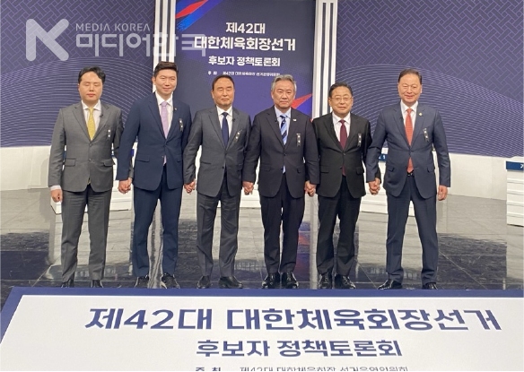 왼쪽부터 오주영, 유승민, 강신욱, 이기흥, 김용주, 강태선 후보