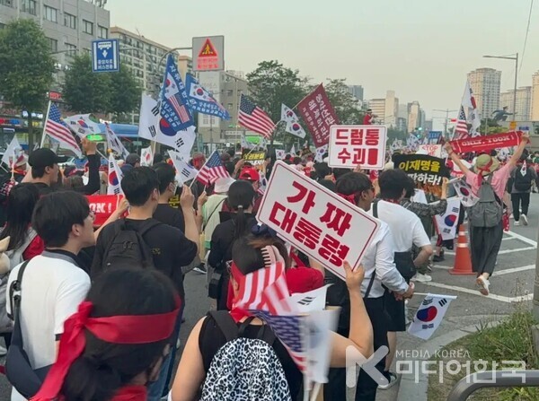 기짜 대통령. 드럼통 수괴 등등의 피켓들