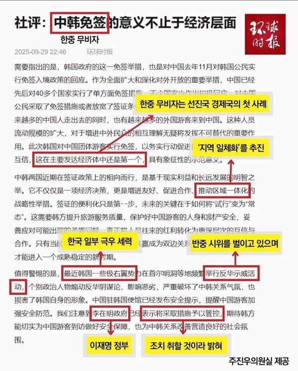 환구시보의 보도 내용